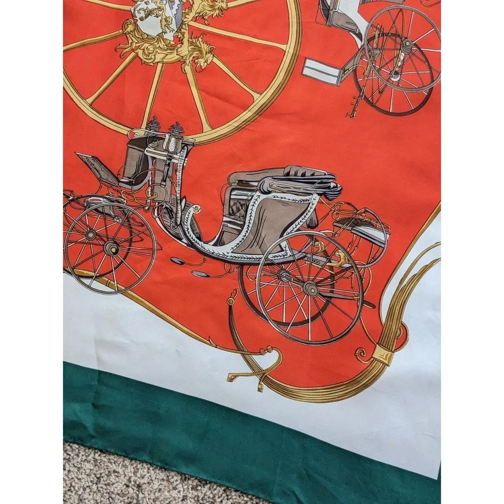 Korean Air Vintage 1980s‎ Equestrian Carriage Print Square Scarf Red Green 34